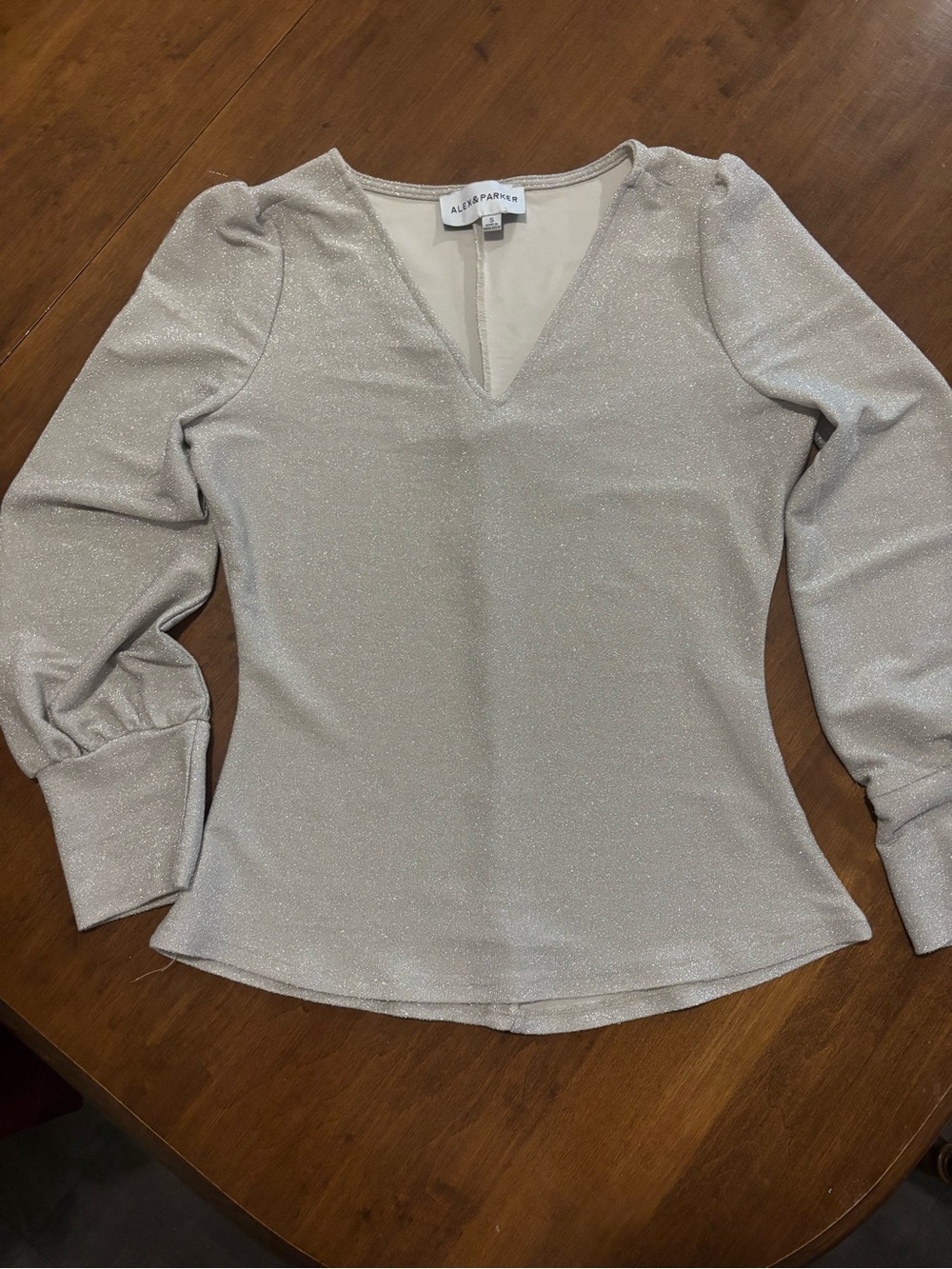Allison Parker Silver Sparkle V-Neck Long Sleeve Top